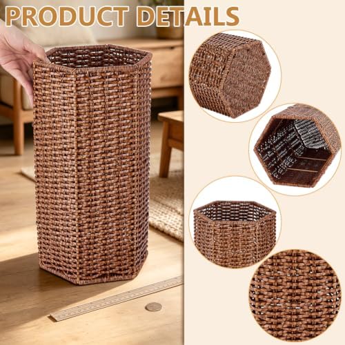 UNICRAFTALE 1pc Brown Handmade Wicker Umbrella Stand Hexagonal Woven Rattan Umbrella Holder with Storage Basket for Entryway and Bathroom 15.5x8.5x7.5 Inch - Image 4