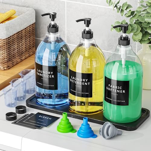 Moforoco 3 Pack Black Liquid Laundry Detergent Dispenser with Bamboo Tray, 64 Oz Plastic Laundry Soap Dispenser, Fabric Softener Dispenser with Pump and Labels for Laundry Room Decor and Organization - Image 3