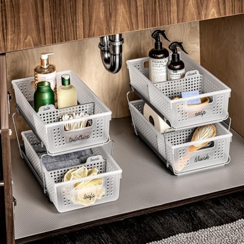 madesmart 2 Tier Organizer, Under Cabinet Storage with Pull Out Sliding Drawers, for Cleaning Supplies, Pantry, Undersink, Sponges, Bottles & Bath, Pull Out Baskets, Frost 2 PACK - Image 4