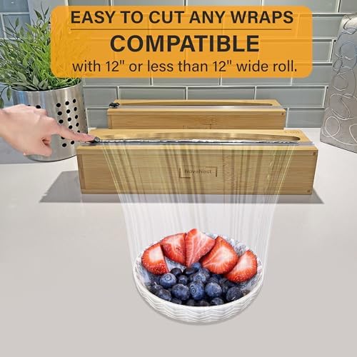 Wrap Organizer Dispenser with Cutter, (2 Piece Set), Fits 12" Rolls, Plastic Wrap, Aluminum Foil, Wax Paper, Saran Wrap, Cling Wrap Holder for Kitchen Storage, Mountable, Bamboo - Image 3