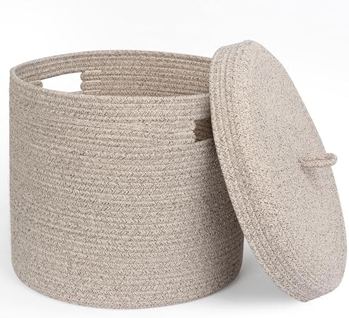 Storage Basket with Lid, Woven Blanket Storage for Living Room, Soft Cotton Rope Bin with Lid, Round Wicker Laundry Basket with Cover, Lidded Kids Dog Toy Bin, Nursery Organizer, 15" x 13" by Unknown