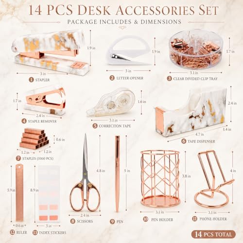 Office Desk Supplies Accessories - Women Marble Desk Decor Set Rose Gold - Image 2