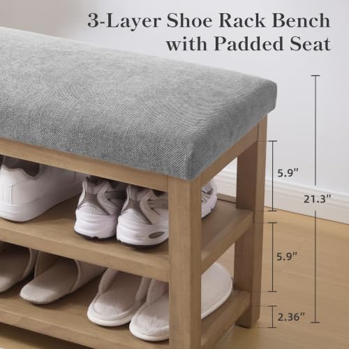 Zihanhome Shoe Rack Bench with Cushion, 2 Tier Solid Wood Storage Bench, Mid-Century Modern Shoe Bench for Entryway, Hallway, Closet, Front Door Entrance, Foyer (Grey, 46.5") - Image 4