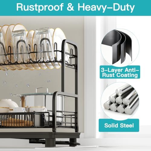 BOOSINY 2 Tier Black Dish Drying Rack and Drainboard with Utensil Holder - Image 4