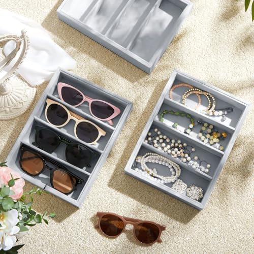 Amylove 4 Pcs Gray Sunglass Organizer Trays 4 Grids Velvet Glasses Holder Jewelry Display Organizer Eyeglasses Storage Box Drawer - Image 4