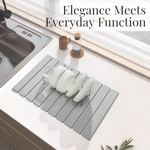 Stone Dish Drying Mat with Collapsible Stainless Steel Rack, Large 23.6 x 15.3 in Diatomaceous Earth Dish Drying Set for Kitchen Counter, Quick Dry, Foldable, Space Saving - Image 4