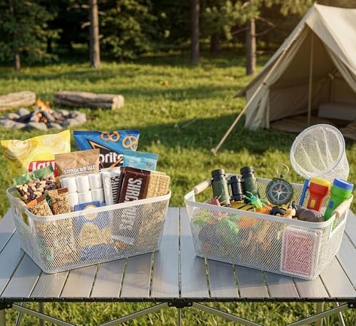 2-Pack Metal Mesh Basket, Large Wire Storage Organizer with Wood Handle for Kitchen Pantry, Bathroom, Cabinet, Closet, Picnic & Home Organization, Large, White - Image 4