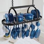 KES 48 Inch Large Ceiling Pot Rack with Lid Organizer, Oval Heavy Duty Hanging Pot Rack Ceiling Mount for Kitchen Over Island, Cast Iron Pan Hanger with 20 Hooks, 16" & 24" Joist Mount, Matte Black by KES