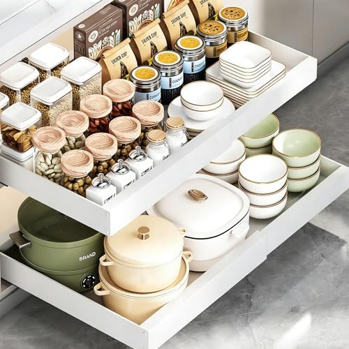 2PCS Expandable Pull Out Cabinet Organizer pots and pans organizer under cabinet Upgrade 3 Slide Rails Slide Out Drawers Roll Out Shelves Adhesive,Adjustable Width by Unknown
