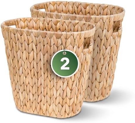 iEGrow 2 Pack Wicker Trash Can, Wicker Waste Basket for Bathroom, Woven Water Hyacinth Wicker Boho Garbage Can Built-in Handles for Bedroom, Office, Decor Home, Kitchen, Living Room (Oval) by iEGrow