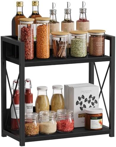 Giikin Kitchen Countertop Organizer, 2 Tier Coffee Bar Organizer, Black Spice Rack for Counter, Kitchen Counter Shelves, Particleboard,15.8" L x 7.9" W x 15.8" H (Black, L) by Giikin