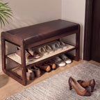 Shoe Rack Bench, 2-Tier Bamboo Entryway Bench 27.5"L, Brown Leather Cushion by SHERBECK