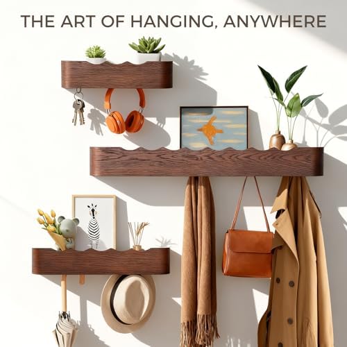 Coat Rack Wall Mount with Shelf Entryway Shelf Modern Key Holder Hanger Wall Shelves with Hidden Hooks for Hanging Towels Coats Hats Bags for Hallway Bathroom Bedroom(Wavy Walnut Color, 5 Hooks) - Image 3
