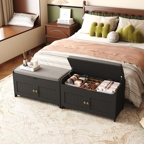 HOMEFORT 30" Shoe Bench with Lift Top Storage, Entryway Bench with Cushioned Seat, Wooden End of Bed Bench, Shoe Cabinet Bench with Hidden Storage Space, for Bedroom, Hallway,Black - Image 2