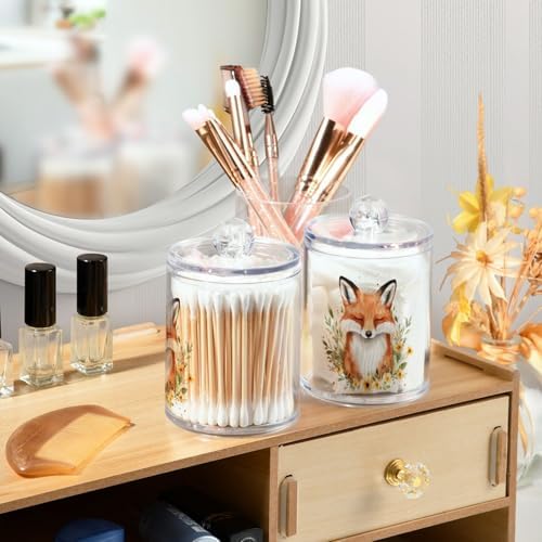 Fustylead 4 Pack Watercolor Cute Fox with Flower Design Plastic Apothecary Jar Set for Cotton Swab, Ball, Pad, Floss, Qtip Holder Dispensers for Bathroom Storage Organizer - Image 5