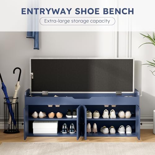 47.2" Storage Bench - Entryway Shoe Bench with 4 Doors and Top Storage Area, Multifunctional Entryway Bench with Lift Top Cushion, Shoe Storage Bench for Bedroom, Living Room, Navy Blue - Image 3