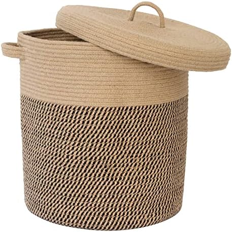 Extra Large Storage Basket with Lid 60L, 16"Wx18"H Woven Laundry Hamper Basket with Handle, Jute Rope Wicker Basket Blankets Pillows Storage in Living Room Baby Nursery, Jute/Black Mix includes Lid by JIABOLANG