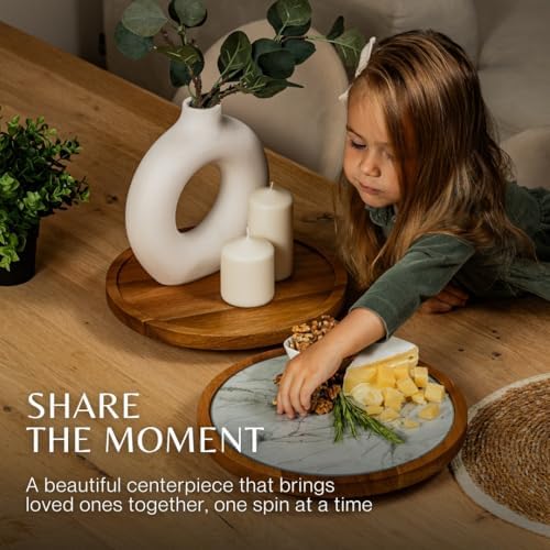Rickby, 12" Premium Acacia Wood Lazy Susan Turntable for Table Top with Removable Marble Texture Glass Plate, Wooden Lazy Susan for Dining Table Centerpiece & Kitchen Countertop - Image 3