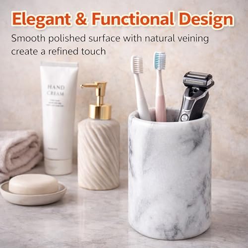 Creative Home White Marble Pen Holder, Heavy Stone Pencil Cup Organizer for Desk - Image 5