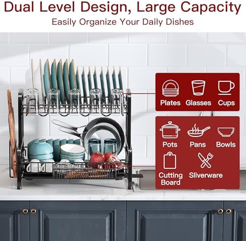 BOOSINY 2 Tier Black Stainless Steel Dish Drying Rack for Kitchen Counter - Image 3