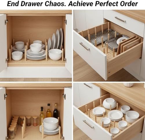 Wooden Pegboard Drawer Organizer for Kitchen - 3 Pack Adjustable Drawer Organizer with 24 Pegs Wooden, Drawer Organizer Kitchen Utensils, Wood Drawer Organizers for Kitchen Countertops & Deep Drawe - Image 3