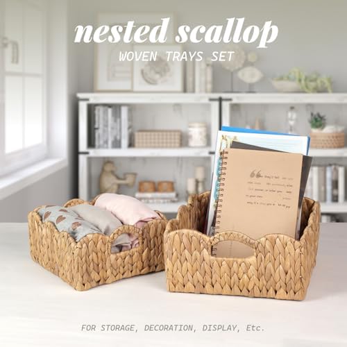 Scalloped Baskets (Natural-Set of 2) Basket Living Room Organizer, Water Hyacinth Baskets For Decor, Woven Basket for Bathroom, Bedroom, Laundr (2, Light Brown) - Image 4