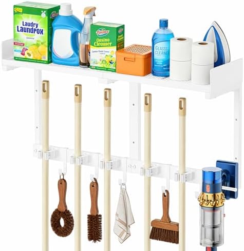 HUFAND Broom Holder Wall Mount, 27" Mop and Broom Organizer with Top Shelf by HUFAND