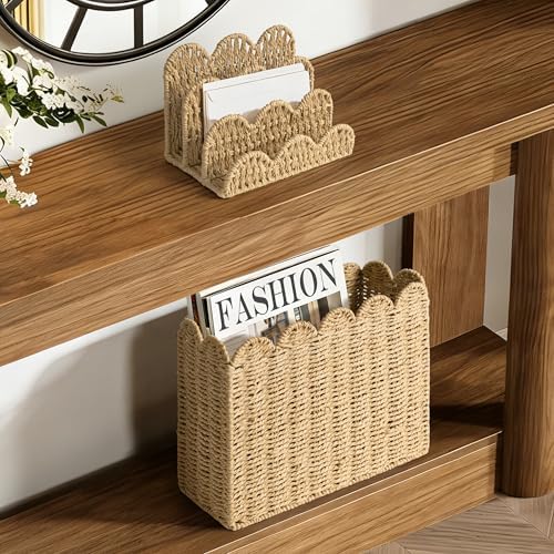 AELS Hand Woven Scalloped Basket Set of Mail Organizer and Magazine Holder, Coastal Style Mail Holder and Floor Magazine Rack, Boho Modern Farmhouse Book Basket Newspaper Bill Mail Sorter for Office - Image 2