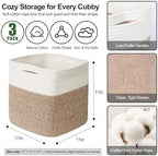 11x11 Cube Storage Bin - 3 Pack Woven Storage Cubes Organizer, 11 Inch Cotton Rope Baskets for Organizing, Square Baskets for Shelves, Baby Nursery Closet Bins, Cubby Toy Box Organizer - Image 2