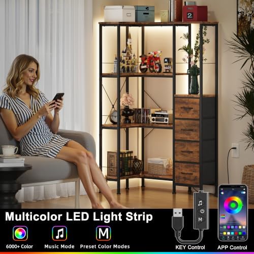 AFLUI 4-Tier Corner Bookshelf with LED Light Strips, 4 Fabric Drawers - Image 5