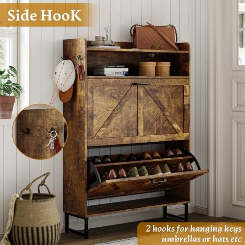Wodeer Shoe Storage Cabinet with 2 Flip Drawers, Narrow Wood Shoe Cabinet Storage for Entryway with Metal Legs & Hooks, Adjustable Shelves, Freestanding Shoe Rack Organizer for Foyer, Hallway, Brown - Image 7