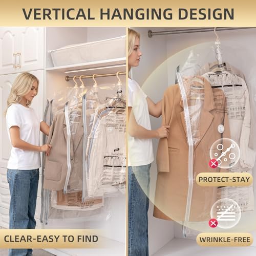 Hanging Vacuum Storage Bags, 6 Large Vacuum Pack Bags for Clothes Reusable Space Saver Bags Vacuum Compression Storage Bags for Winter Coats Wardrobe Coats, Suits & Dresses Garment 5-Ring Hangers - Image 4