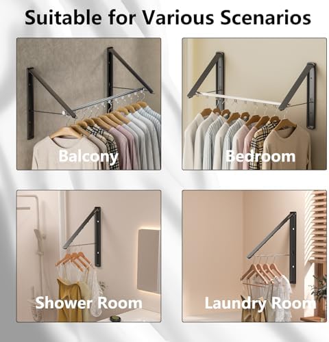 Dr.DJ Clothes Drying Rack with Rod, Wall-Mounted Retractable & Foldable Clothes Hanger for Laundry Room Organization and Storage, Metal Clothes Hanger Rack for Dorm, Closet, Balcony 2Rack, 1Rod Black - Image 2