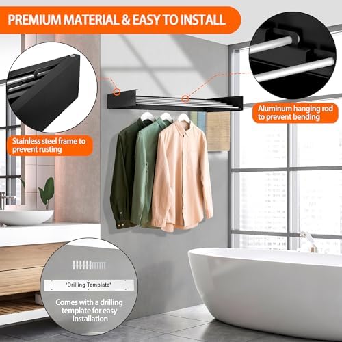 FOCHIER F Laundry Drying Rack Wall Mounted Clothes Drying Rack Collapsible with 5 Aluminum Rods and Drilling Template Long Screwdriver Bit 60 lbs Capacity (Black, 31.5") - Image 4