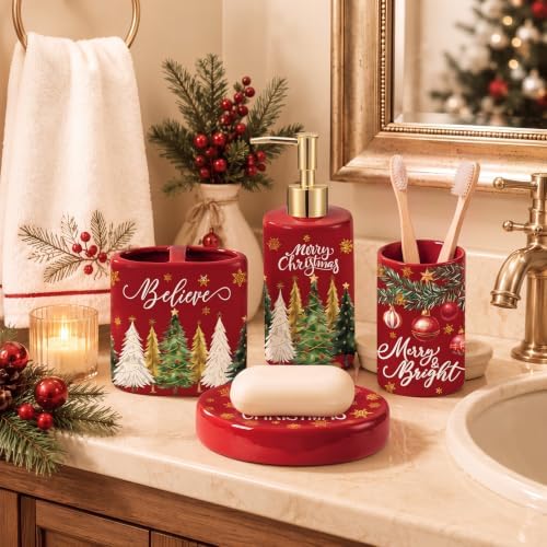 4 Pcs Christmas Ceramic Bathroom Accessories Gifts Xmas Tree Bath Tumbler Soap Dispenser Toothbrush Holder Soap Tray Merry Xmas Bathroom Decorations(Red Merry Christmas) - Image 6