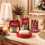 4 Pcs Christmas Ceramic Bathroom Accessories Gifts Xmas Tree Bath Tumbler Soap Dispenser Toothbrush Holder Soap Tray Merry Xmas Bathroom Decorations(Red Merry Christmas) - Image 6