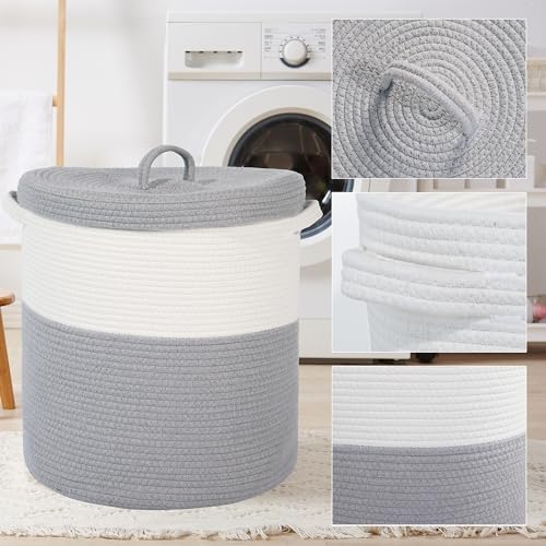 Large Storage Basket with Lid 60L, 16"Wx18"H Woven Laundry Hamper Basket with Handle, Room Decor Cotton Rope Wicker Basket Toy Organizer Bins for Clothes Blankets Pillows, Gray/White Mix includes Lid - Image 5