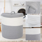 Large Storage Basket with Lid 60L, 16"Wx18"H Woven Laundry Hamper Basket with Handle, Room Decor Cotton Rope Wicker Basket Toy Organizer Bins for Clothes Blankets Pillows, Gray/White Mix includes Lid - Image 5