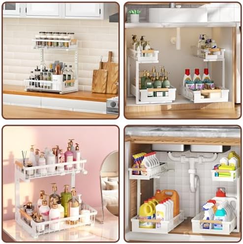 2 Pack Under Sink Organizer, 2 Tier Pull Out Cabinet Organizer with 5-Level Adjustable Height, Sliding Metal Storage Rack for Kitchen Bathroom Pantry, White - Image 6