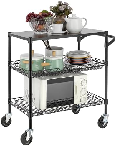 Finnhomy 3 Tier Heavy Duty Commercial Grade Utility Cart with Wood Top, Wire Rolling Cart with Wheels and Handle Bar, Kitchen Carts on Wheels, Metal Cart with 600 LBS Capacity, Black - Image 7