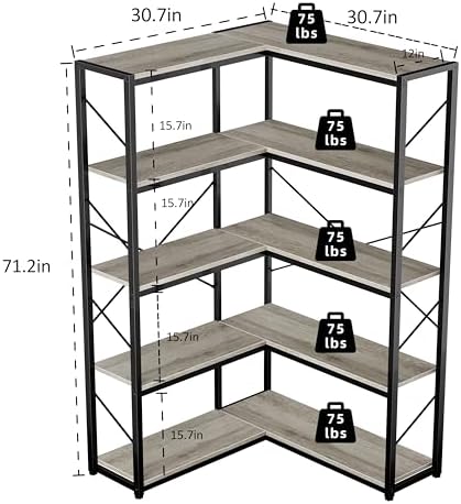 Shintenchi 5 Tier Corner Bookshelf, L Shaped Large Bookcase, Grey - Image 2