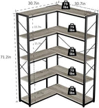 Shintenchi 5 Tier Corner Bookshelf, L Shaped Large Bookcase, Grey - Image 2