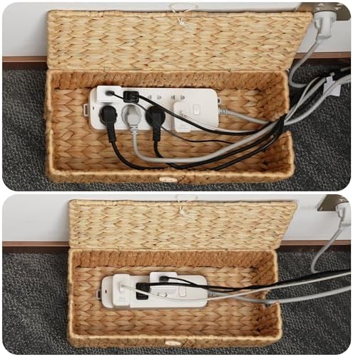 Posprica Cable Management Box with Lid, 2Pack Handwoven Real Water Hyacinth Cord Hider Organizer Boxes, 2 Side Open Slots Storage Box to Hide Cords Power Strip for Desk, Floor, Office - Image 3