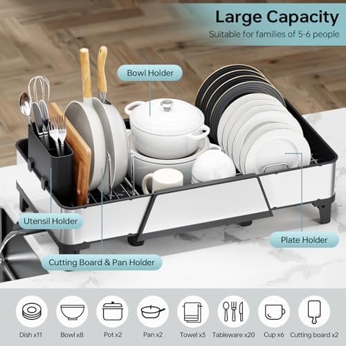 Urackify Large Expandable Dish Drying Rack for Kitchen Counter, Black - Image 4