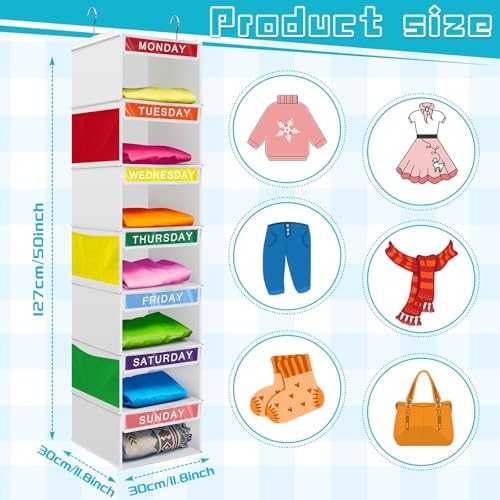 Amylove 2 Pcs 7 Shelf Weekly Clothes Organizer for Kids Hanging Closet Organizer 11. 8 x 11. 8 x 50 Inches Daily Activity Kids Clothes Storage Drawers Cube Drawers Closet Hanging Shelves(White) - Image 2