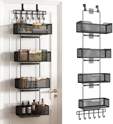 Over The Door Organizer with 4 Adjustable Baskets & Coat Hook, Metal Large Capacity Hanging Door Storage for Bathroom, Bedroom, Kitchen, Pantry & Closet, Black by Dazioter