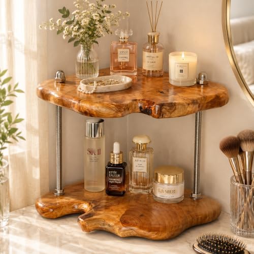 2-Tier Counter Corner Shelf ,Counter Corner Organizer,Natiral Edge Cedar Wood Bathroom Counter Organizer for Vanity Countertop Storage and Organization for Bathroom Kitchen Coffee Area, Over Sink - Image 3