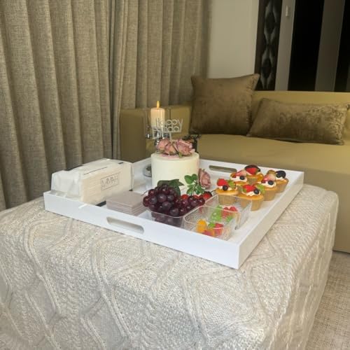 White Modern Acrylic Ottoman Tray with Cutout Handles 22x22 Inch Over-Sized Serving Tray Rubber Boot Tray Organizer Decorative Tray for Living Room, Bedroom,Bathroom and Kitchen Tabletop - Image 3