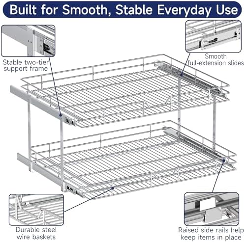2-Tier Pull Out Cabinet Organizer, 31.5" W x 21.5" D, Heavy Duty Dual Slide Out Shelves for Wide Base Cabinets, Chrome Wire Basket Drawer for Pots, Pans, Pantry & Cleaning Supplies - Image 5