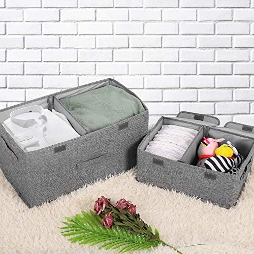 2 Pack Large Linen Fabric Collapsible Storage Bins with Lid and Handles, Washable Storage Box Baskets Cube with Removable Divider for Bedroom,Closet,Office,Living Room,Nursery (Black, Large) - Image 4